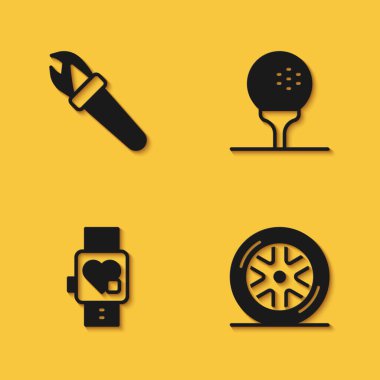 Meşale yak, araba tekerleği, kalbi olan akıllı saat ve uzun gölgeli golf topu ikonu. Vektör