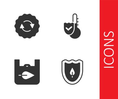 Kalkanı yaprak, geri dönüşüm sembolü, alışveriş poşeti geri dönüşümü ve termometre simgesi ile ayarla. Vektör