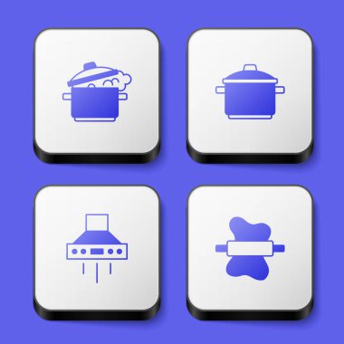 Pişirme kabını, mutfak vantilatörünü ve hamur ikonuna ataç iğnesini kur. Beyaz kare düğme. Vektör
