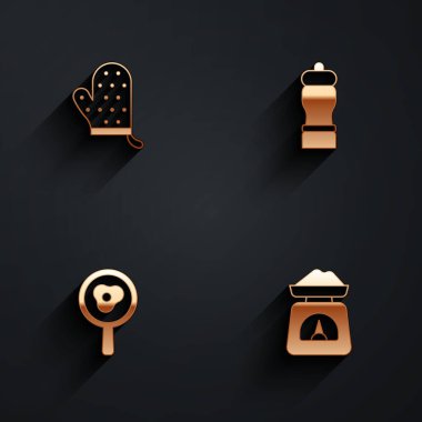 Fırın eldiveni, Pepper, kızartma tavasında kızarmış yumurta ve uzun gölgeli pullu ikon. Vektör