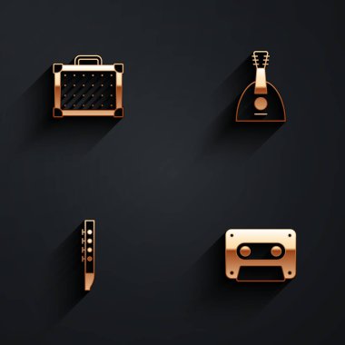 Gitar yükselteci, Balalaika, Flüt ve Retro ses kaset ikonunu uzun gölgeli ayarla. Vektör