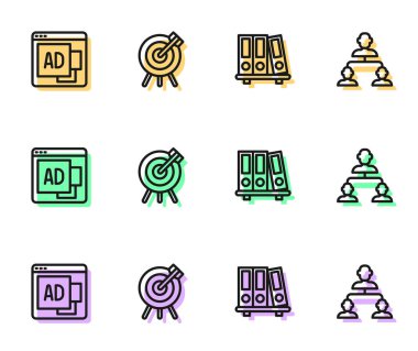 Ofis dizinleri, reklamcılık, hedef finansal hedef ve çalışan hiyerarşisi simgesi belirle. Vektör