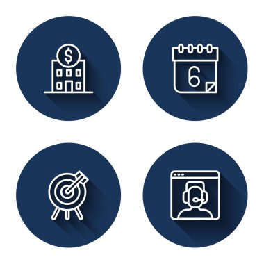 Hat bankası binası, takvim, hedef finansal hedef ve uzun gölgeli 24 saatlik telefon desteği. Mavi daire düğmesi. Vektör