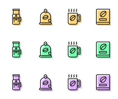 Sıralı kahve fincanı, elektrikli kahve öğütücü, torba fasulyesi ve kitap ikonu. Vektör