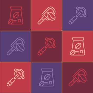 Kahve çekirdeği torbası, kahve filtresi tutacağı ve tahıl ikonlu Spatula. Vektör