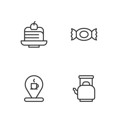 Kettle 'ı sapı, yeri, kahve fincanı, kek ve şeker ikonu ile ayarla. Vektör
