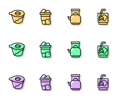 Kettle 'ı sapı olan, kahve makinesinin üzerine döken, buzlu ve espresso tonik ikonu olan bir hat hazırla. Vektör