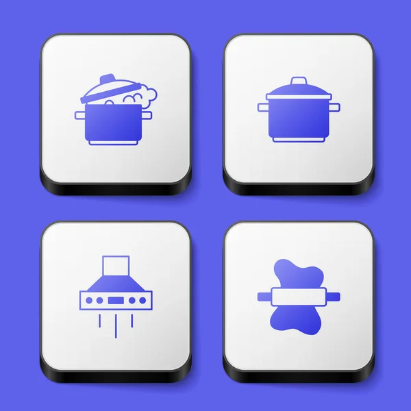 Σετ Μαγειρική κατσαρόλα, κουζίνα απορροφητήρα ανεμιστήρα και Τροχαίο pin σε εικονίδιο ζύμης. Λευκό τετράγωνο κουμπί. Διάνυσμα — Διανυσματικό Αρχείο