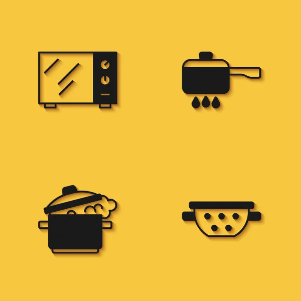 Set Microwave oven, Kitchen colander, Cooking pot and on fire icon with long shadow. Vector — Stock Vector