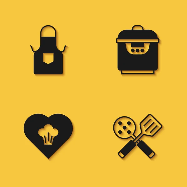 Set Kuchyně zástěra, Spatula, Kuchař klobouk a Pomalý vařič ikona s dlouhým stínem. Vektor — Stockový vektor