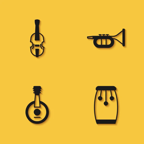 Ställ in Violin, Conga trummor, Banjo och Trumpet ikon med lång skugga. Vektor — Stock vektor