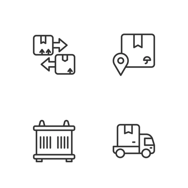 Definir linha Entrega caminhão de carga, Recipiente, caixa de papelão com símbolo de tráfego e ícone de papelão de localização. Vetor —  Vetores de Stock
