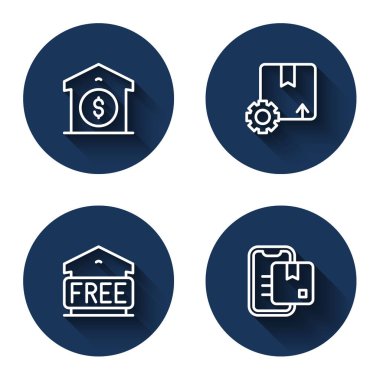 Hat Depo fiyatını, paket kutusu olan Gear 'ı, bedava depolama ve uzun gölgeli takip işaretleyicisini ayarlayın. Mavi daire düğmesi. Vektör