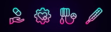 Hat, tıbbi reçete, çapraz kalp, kan basıncı ve termometreyi ayarla. Parlayan neon ikonu. Vektör