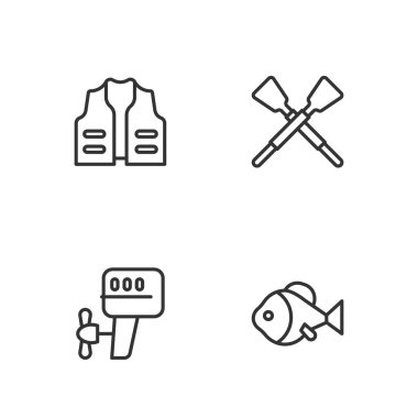 Fish, Outboard motoru, balıkçı ceketi ve çapraz kürek çekme ikonu. Vektör