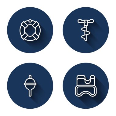 Hattı ayarla Lifebuoy, El buzlu matkabı, uzun gölgeli balıkçılık yüzeyi ve dalış maskesi. Mavi daire düğmesi. Vektör