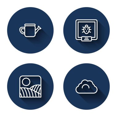 Sulama konservesi, Colorado böceği, tarım buğday tarlası çiftliği ve uzun gölgeli bulutlu hava. Mavi daire düğmesi. Vektör