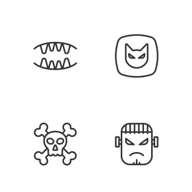 Frankenstein yüzü, çapraz kemikler, vampir dişleri ve Kara Kedi ikonu. Vektör