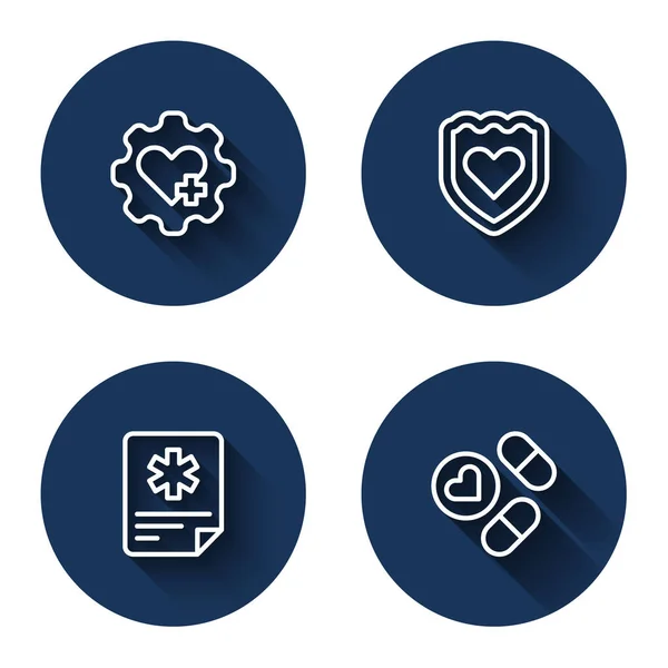 Set line Corazón con cruz, sistema inmunológico, registro de pacientes y píldora de medicina tableta con sombra larga. Botón círculo azul. Vector — Archivo Imágenes Vectoriales