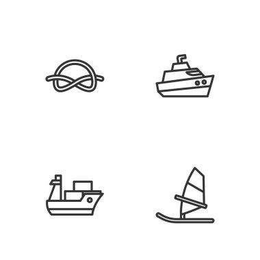 Yelken sörfü, kargo gemisi, halat düğümleri ve sürat teknesi simgesi. Vektör