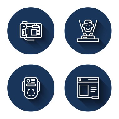 Ana kartı, hologramı, yapay zeka robotunu ve uzun gölgeli tarayıcı penceresini ayarla. Mavi daire düğmesi. Vektör