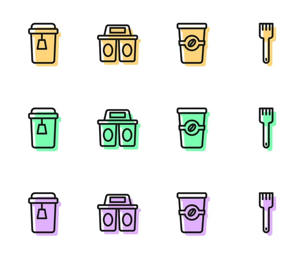 Set line Coffee cup to go, Cup tea, and Fork icon. Vector — Stock Vector