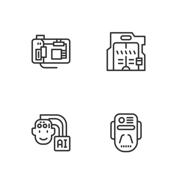 Set line Robot de inteligencia artificial, Humanoid, Motherboard y Futuristic sliding doors icon. Vector — Archivo Imágenes Vectoriales