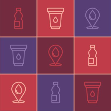 Bir şişe su, konumu olan su damlası ve kartuş simgesini filtrele. Vektör