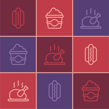 Hotdog, kızarmış hindi ya da karton kutuda patlamış mısır. Vektör