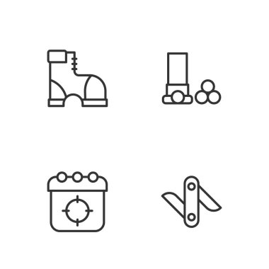 Sıralı İsviçre çakısı, hedef sporu, avcı botları ve kartuş ikonu. Vektör