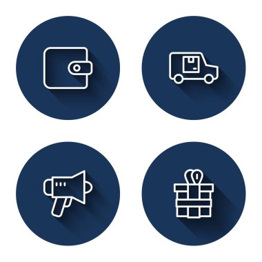 Sıralı cüzdan, kargo kamyonu, Megaphone ve uzun gölgeli hediye kutusu. Mavi daire düğmesi. Vektör