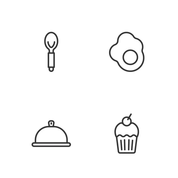 设置线松饼，覆盖与托盘食物，勺子和炒蛋图标。B.病媒 — 图库矢量图片