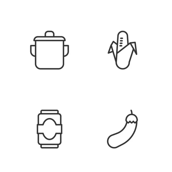 Набор линии баклажан, банка соды, варочный чайник и иконка кукурузы. Вектор — стоковый вектор