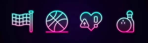 Set lijn Geruite vlag, Basketbal, Hartslag en Bowling pin en. Een gloeiend neon icoon. Vector — Stockvector