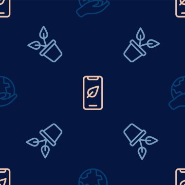 Hat El, Dünya 'yı tutuyor, saksı dikiyor ve cep telefonunda pürüzsüz bir yaprak var. Vektör