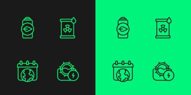 Su değirmeni, Dünya Günü, Eko doğa yaprağı bataryası ve fıçı ikonunda radyoaktif atık. Vektör