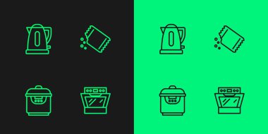 Fırın, Yavaş Fırın, Elektrikli Çaydanlık ve bir paket biber ikonu. Vektör