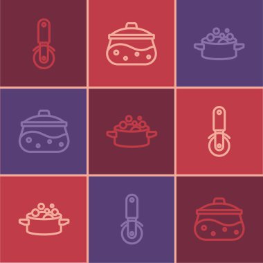 Pizza bıçağı, yemek pişirme kabı ve ikon. Vektör