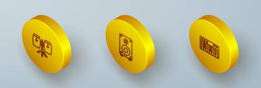 Isometric line Conga davulları, müzik hoparlörü ve müzik sentezleyicisi simgesini ayarla. Vektör