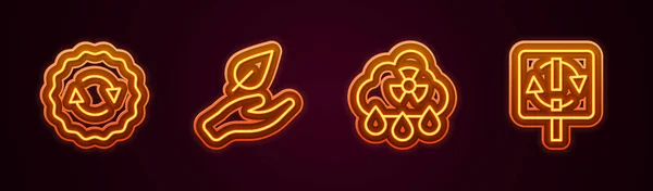 Çizgi Geri Dönüşüm sembolü, Yaprak, asit yağmuru radyoaktif bulut ve. Parlayan neon ikonu. Vektör — Stok Vektör