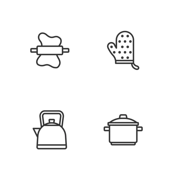 Set line Kochtopf, Wasserkocher mit Griff, Nudelholz auf Teig und Ofenhandschuh-Symbol. Vektor — Stockvektor