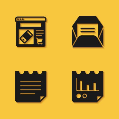 Çevrimiçi alışveriş ekranda, grafik grafikli belge, Not Defteri ve Uzun Gölgeli Zarf simgesini ayarlayın. Vektör