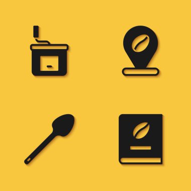 El yapımı kahve öğütücüsü, kahve kitabı, çay kaşığı ve uzun gölgeli fasulye ikonu. Vektör