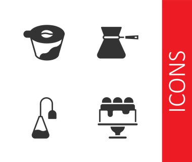 Pastayı hazırla, kahve makinesine dök, çay poşeti ve kahve ikonu. Vektör