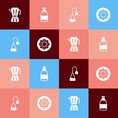 Pop sanatını kahve makinesini, süt şişesini, çay poşetini ve çörek ikonunu hazırla. Vektör