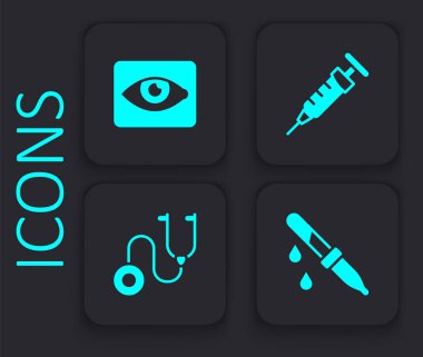 Pipette 'i ayarla, kırmızı göz efekti, şırınga ve steteskop ikonu. Siyah kare düğme. Vektör