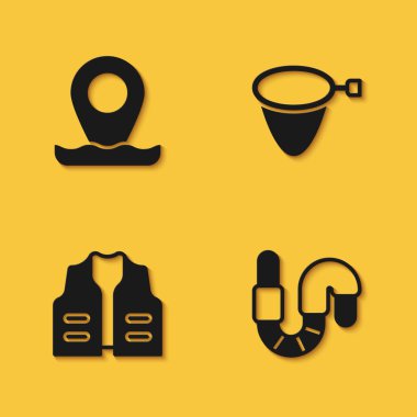 Konum balıkçılığı, solucan, balıkçı ceketi ve uzun gölgeli ağ ikonu ayarlayın. Vektör