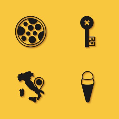 Pizza, waffle 'lı dondurma, İtalya Haritası ve uzun gölgeli eski anahtar simgesi. Vektör