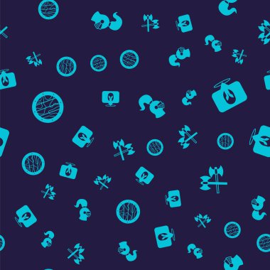 Yuvarlak ahşap kalkan, ortaçağ miğferi ve orta çağ baltalarını pürüzsüz desene göre ayarla. Vektör