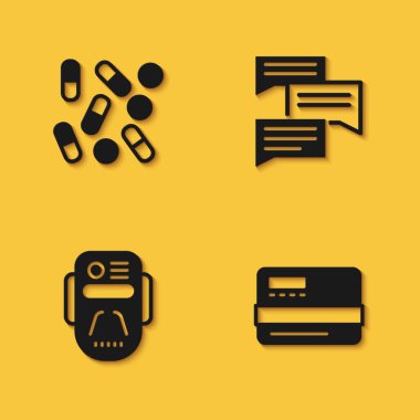 Tıbbi hap biyohacklemeyi, kredi kartını, yapay zeka robotunu ve uzun gölgeli konuşma balonu sohbet simgesini ayarla. Vektör